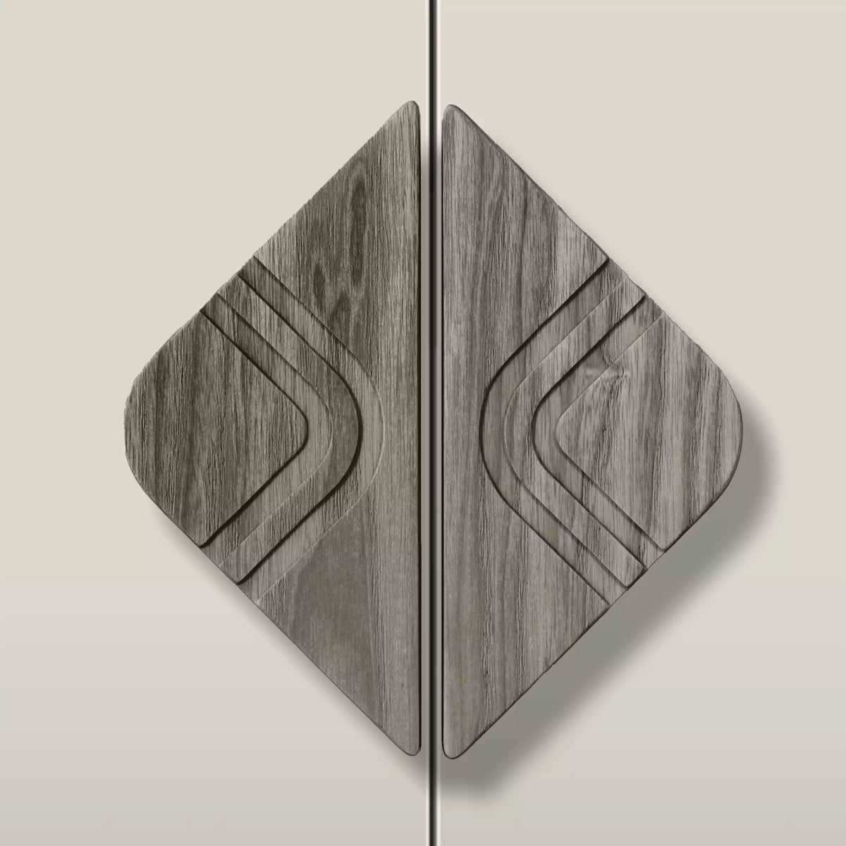 Solid ash arch diamond cabinet pull in the Dark Gray finish, fitted across two doors