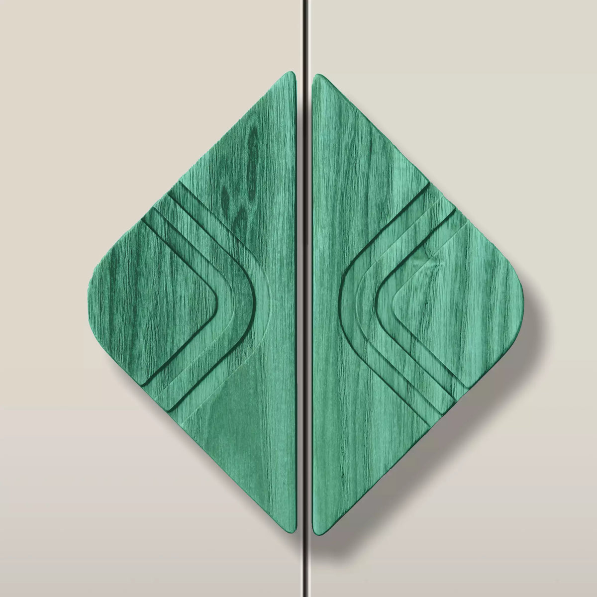 Solid ash arch diamond cabinet pull in the Green finish, fitted across two doors