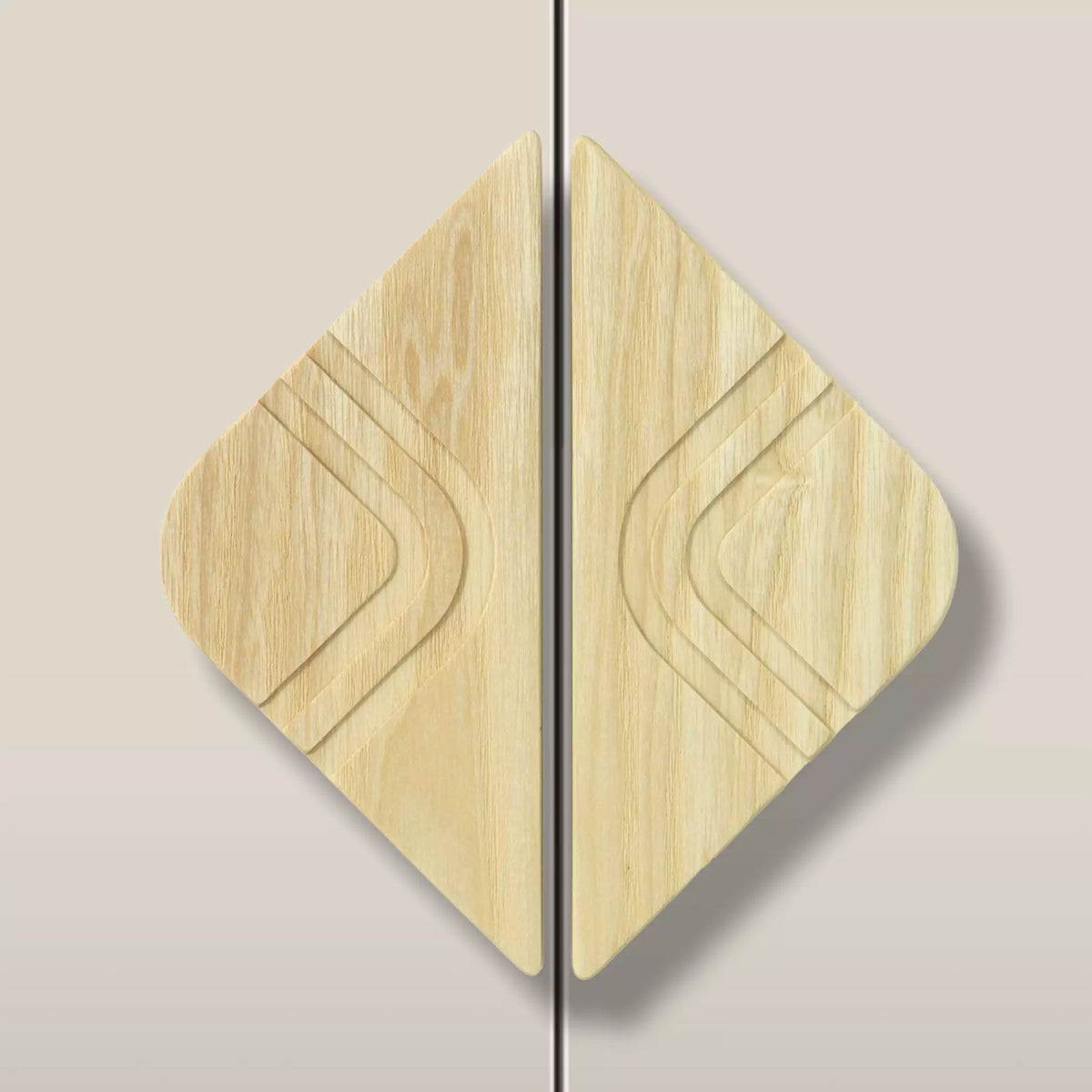 Solid ash arch diamond cabinet pull in the Latte finish, fitted across two doors