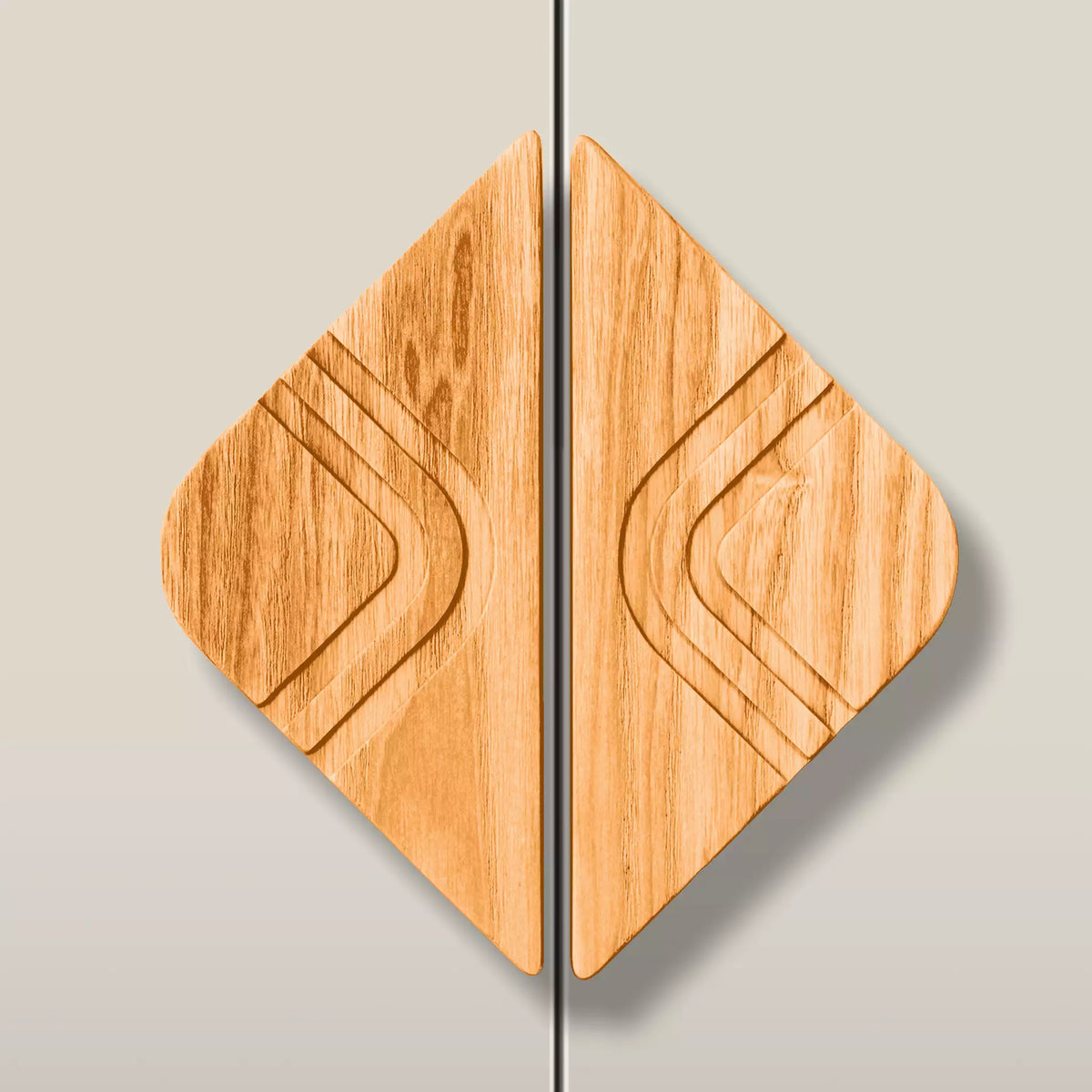 Solid ash arch diamond cabinet pull in the Orange finish, fitted across two doors