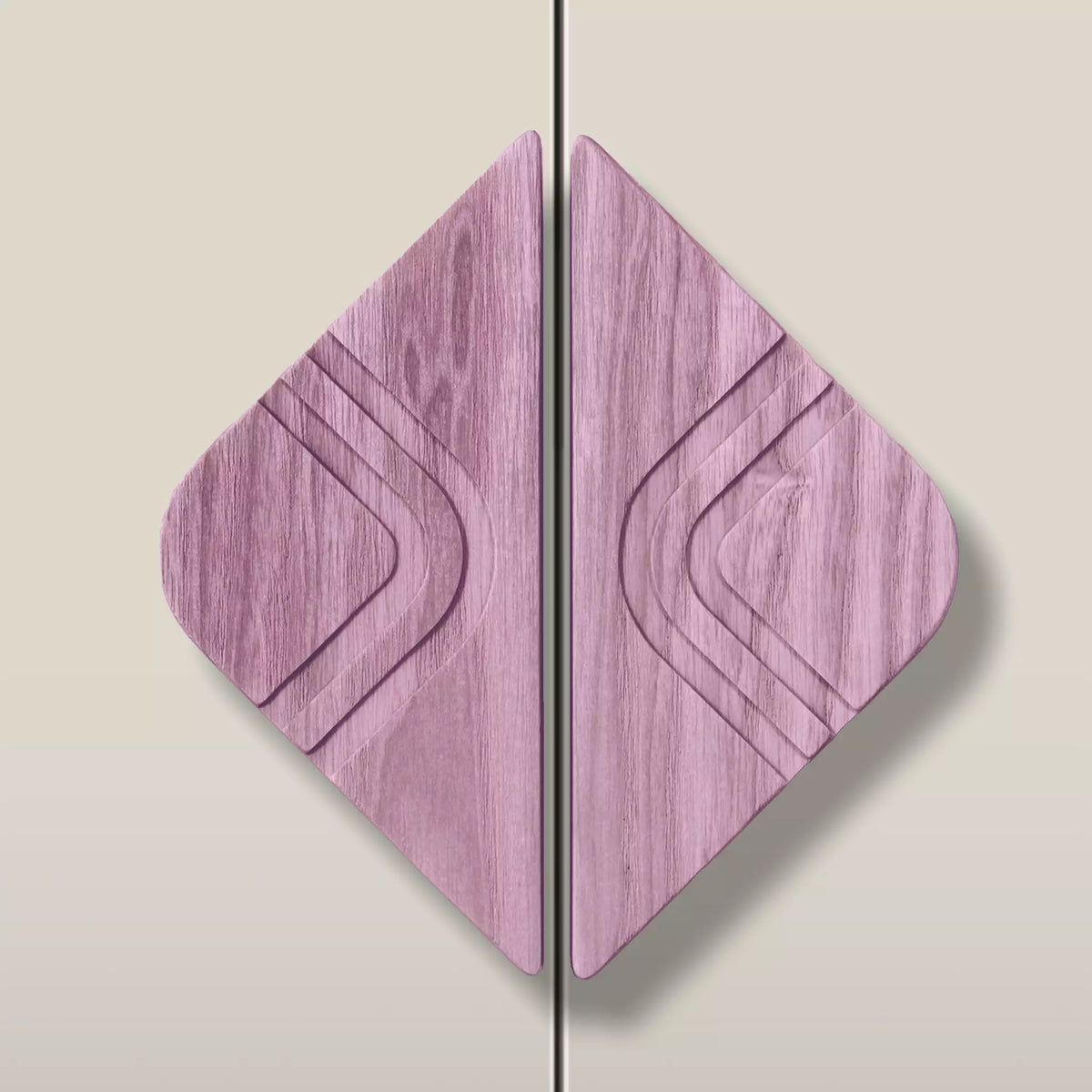 Solid ash arch diamond cabinet pull in the Purple finish, fitted across two doors