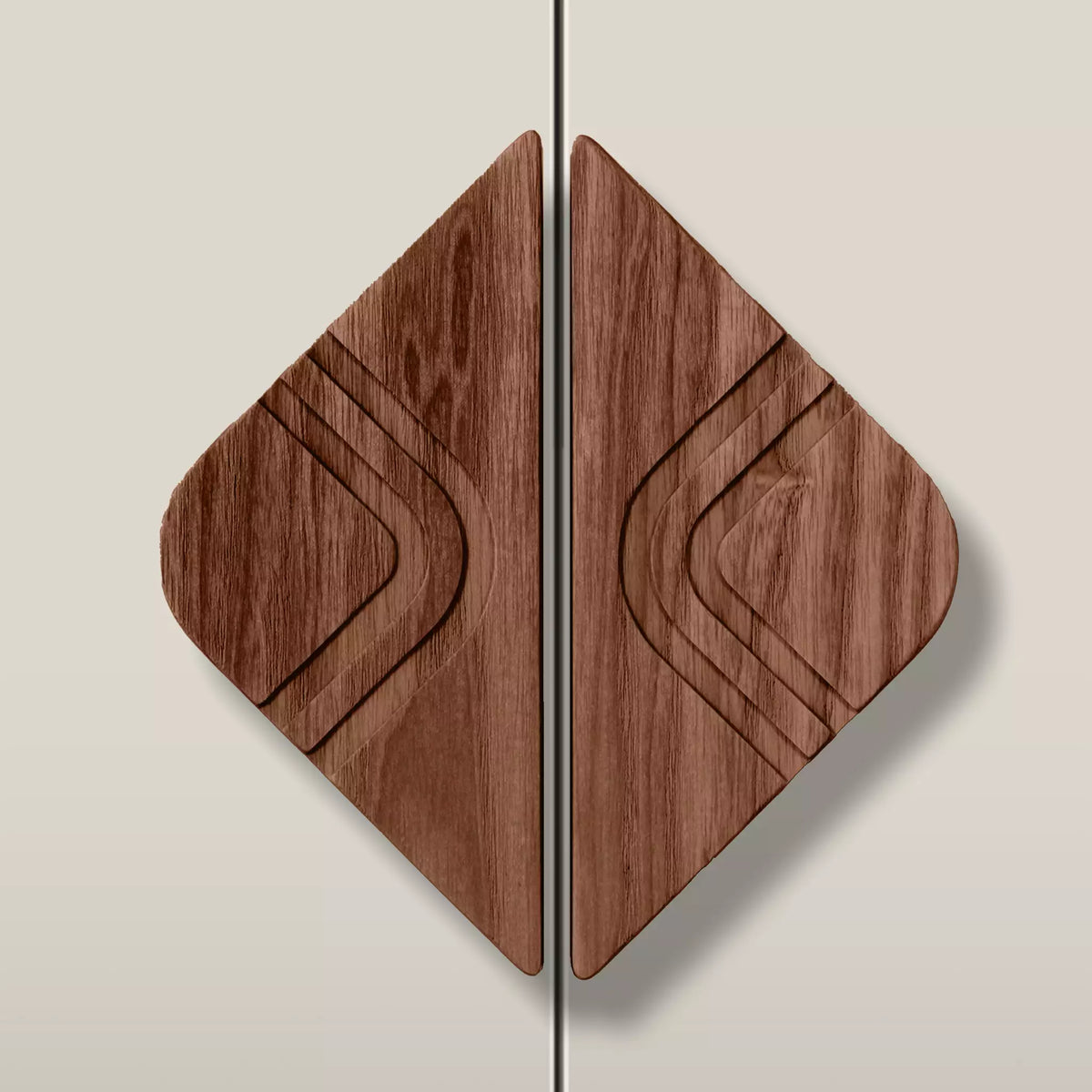 Solid ash arch diamond cabinet pull in the Walnut finish, fitted across two doors