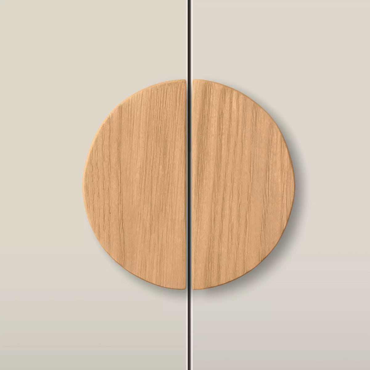 Solid ash half moon cabinet pull in the Caffe Latte finish, fitted across two doors