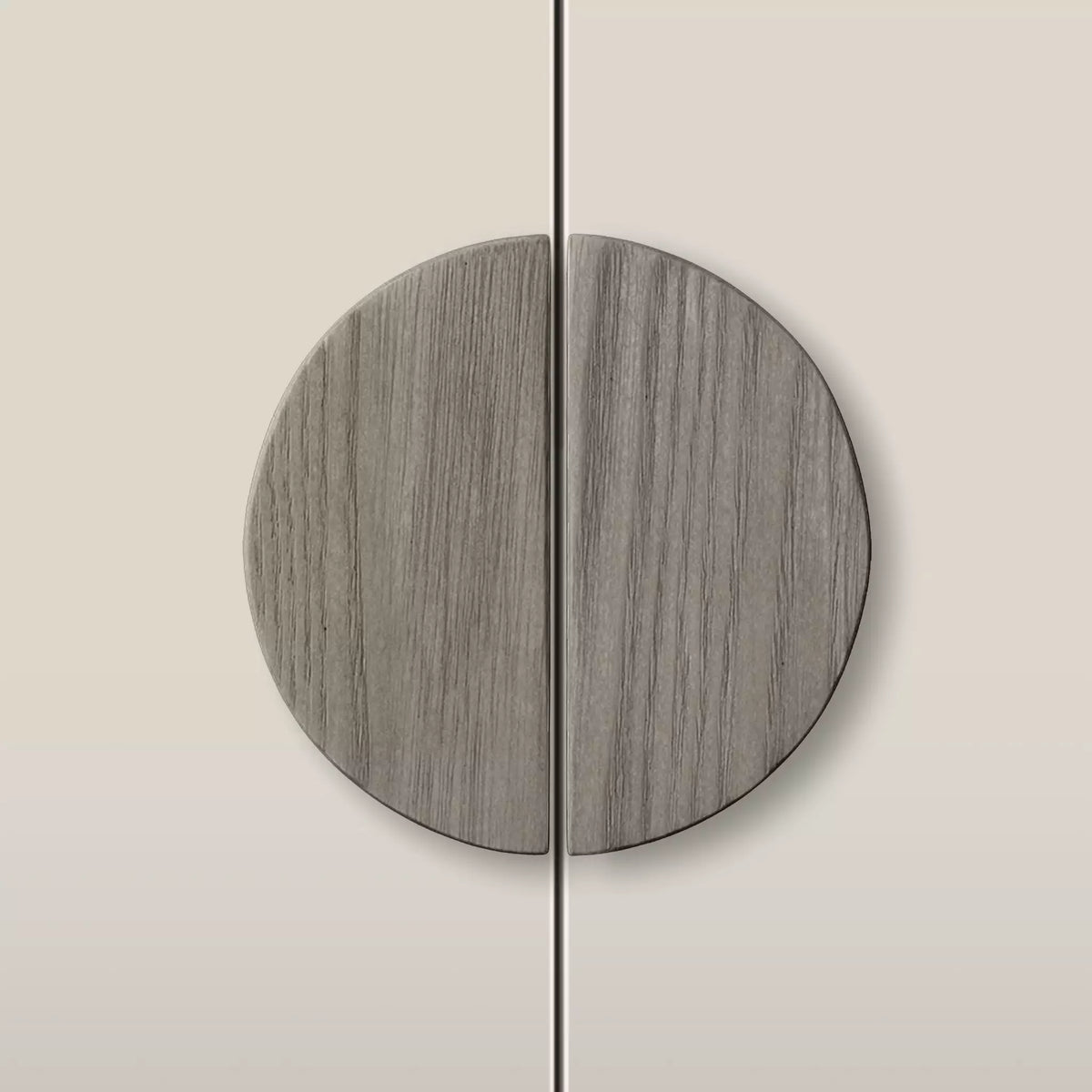Solid ash half moon cabinet pull in the Dark Gray finish, fitted across two doors