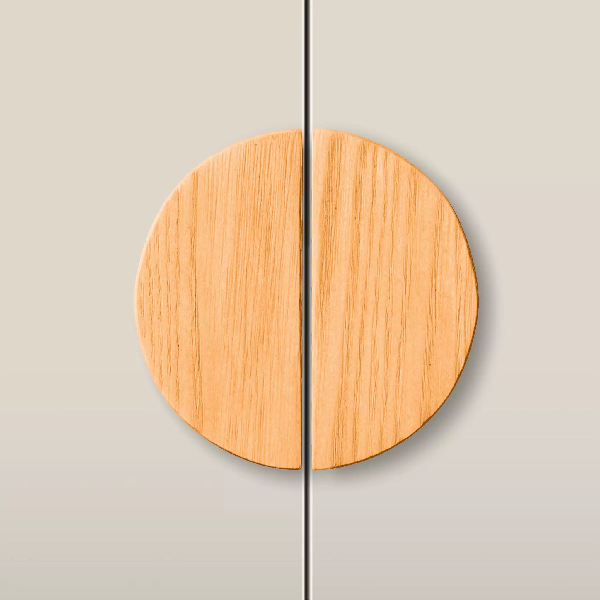 Solid ash half moon cabinet pull in the Orange finish, fitted across two doors