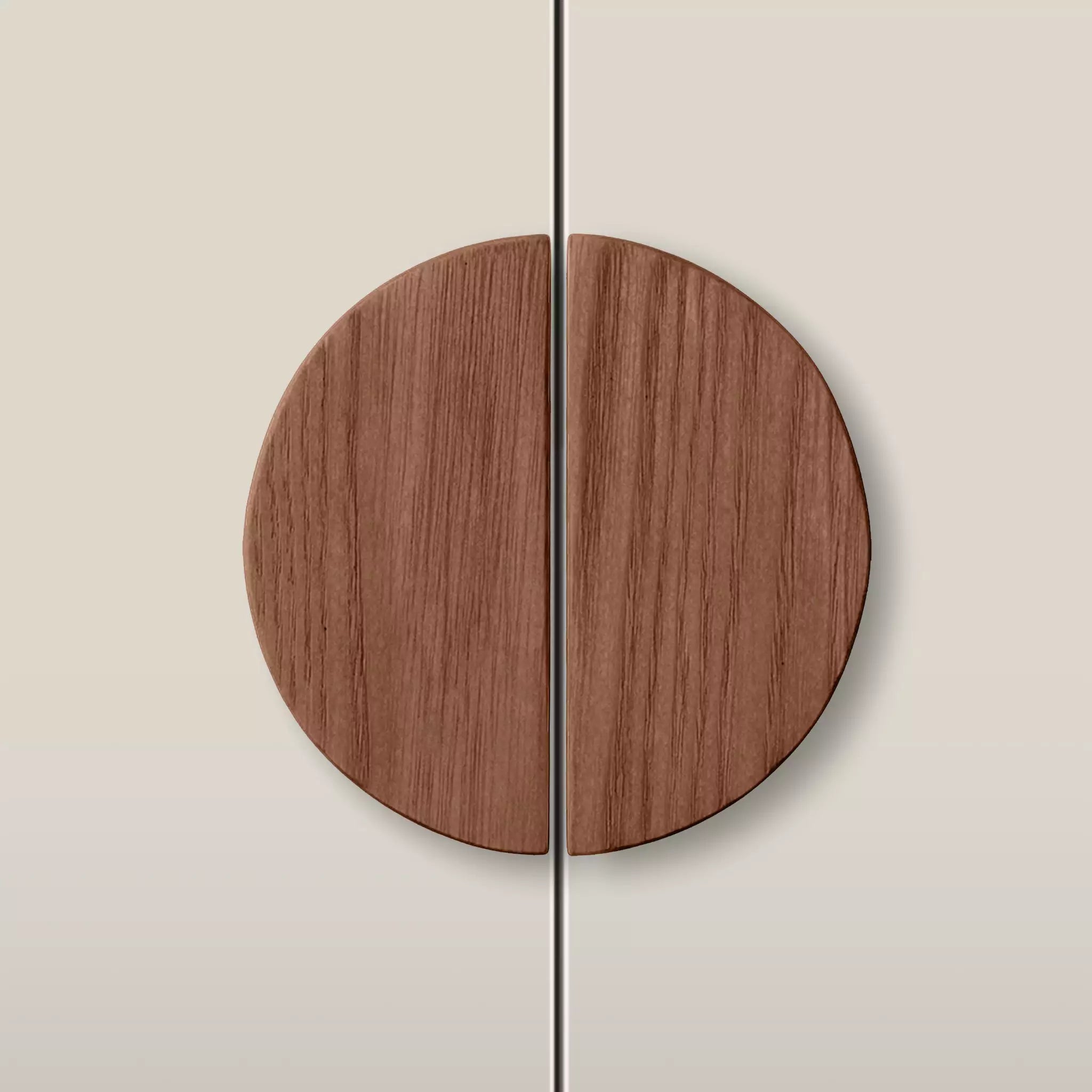 Solid ash half moon cabinet pull in the Walnut finish, fitted across two doors