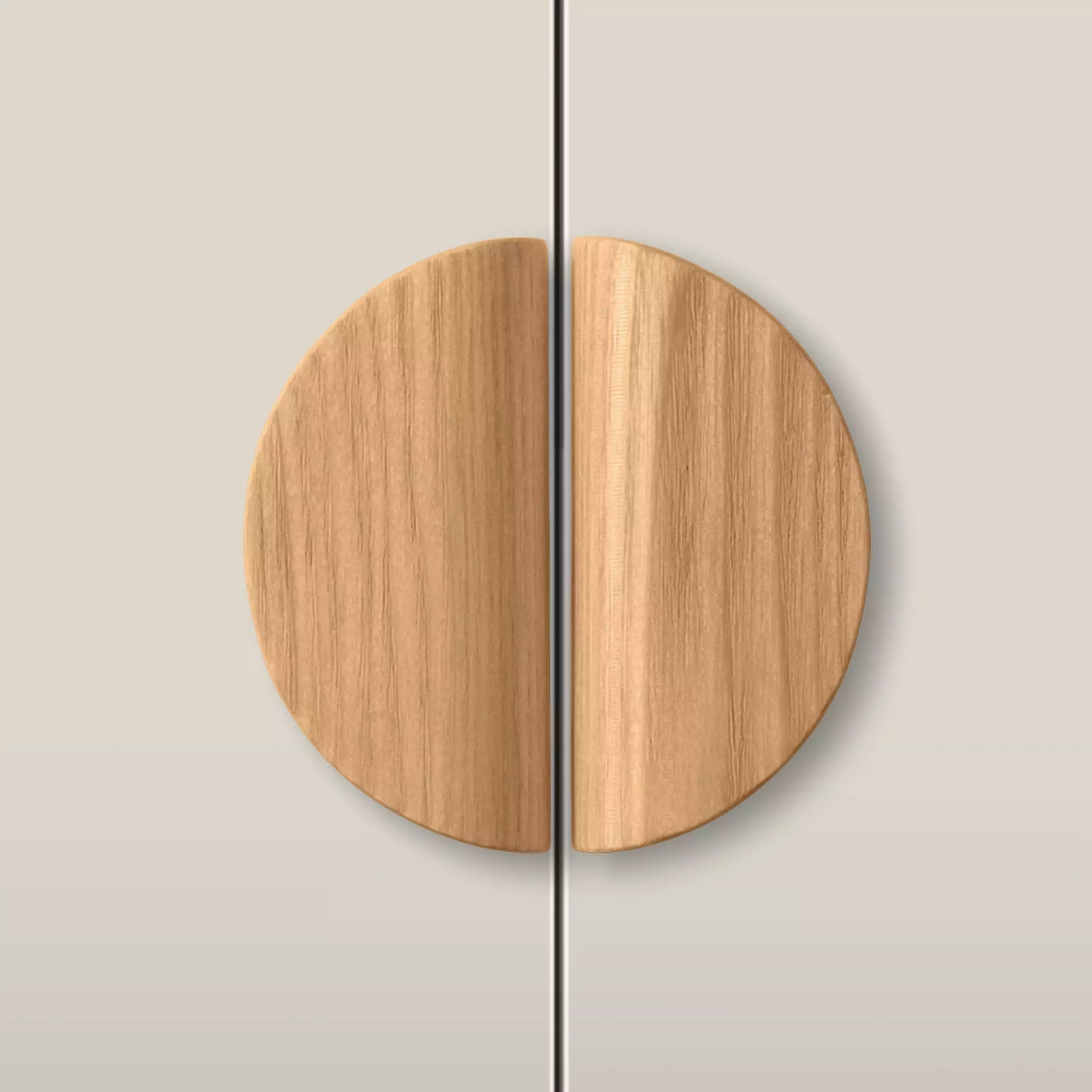 Solid ash dome cabinet pull in the Caffe Latte finish, fitted across two doors