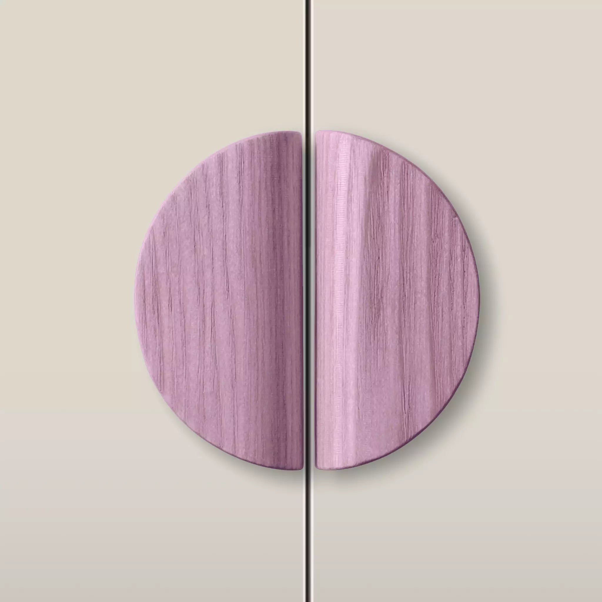 Solid ash dome cabinet pull in the Purple finish, fitted across two doors