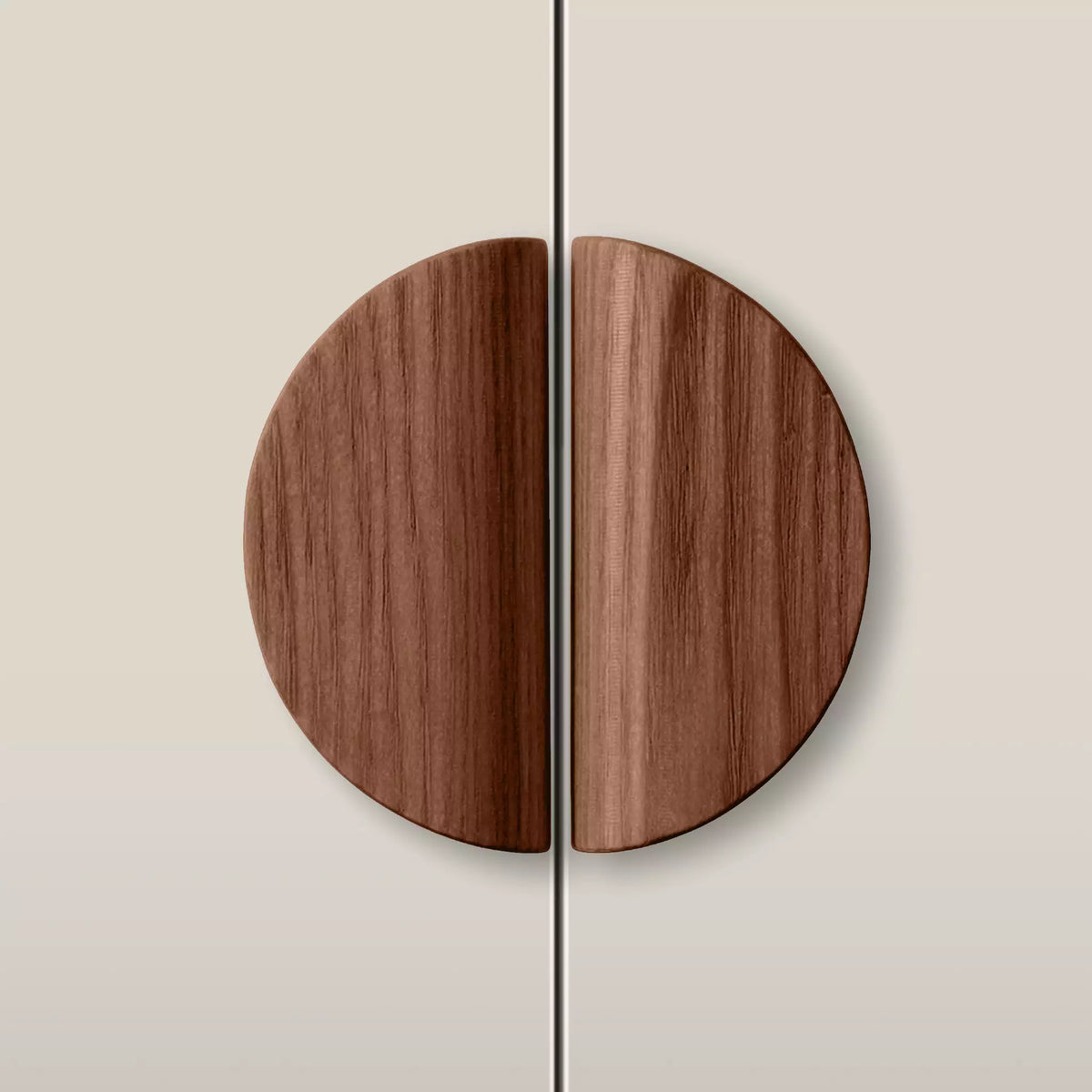 Solid ash dome cabinet pull in the Walnut finish, fitted across two doors