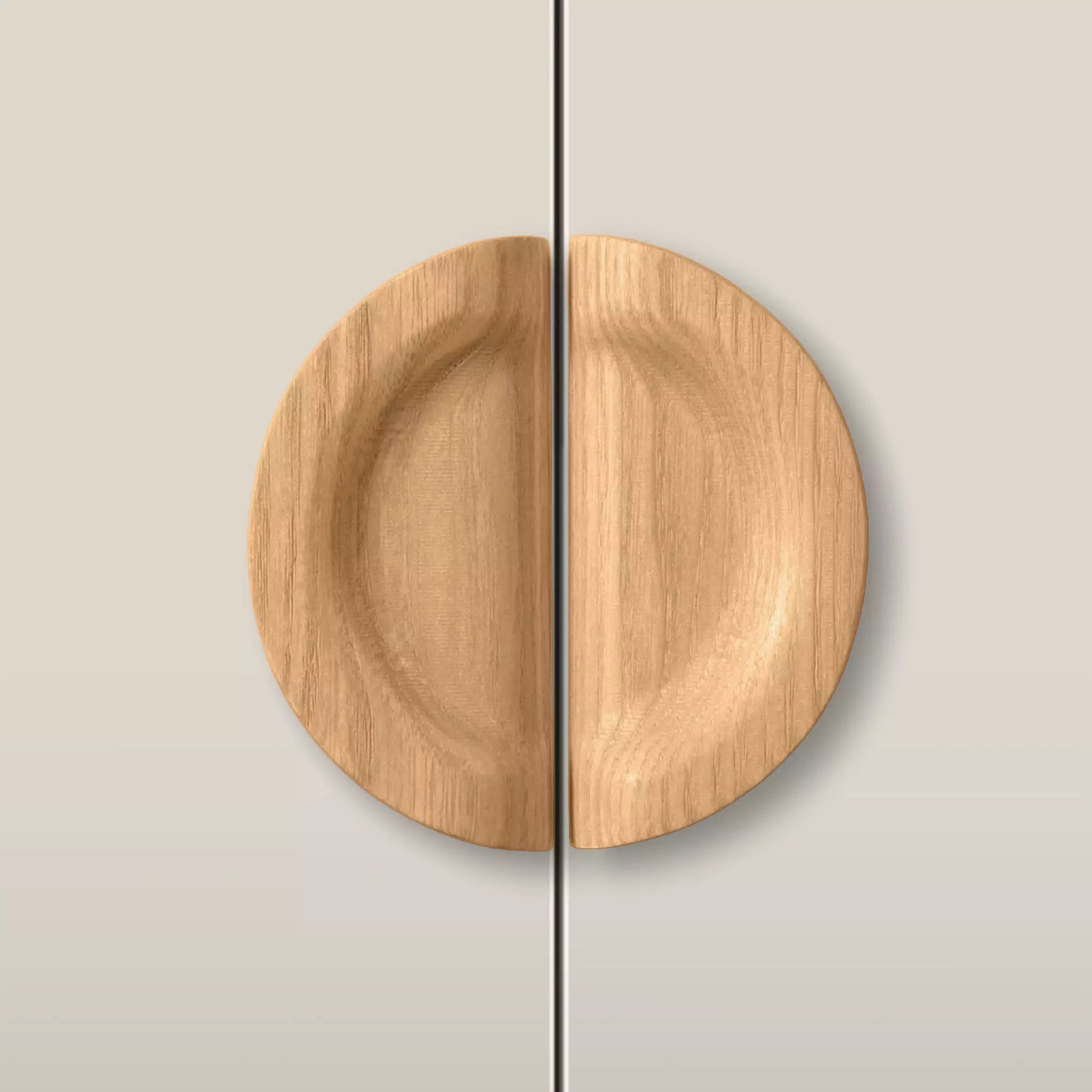 Solid ash dish cabinet pull in the Caffe Latte finish, fitted across two doors