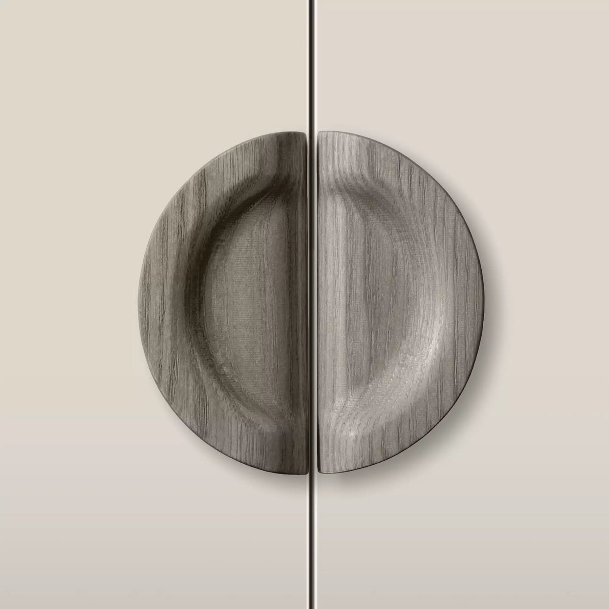 Solid ash dish cabinet pull in the Dark Gray finish, fitted across two doors
