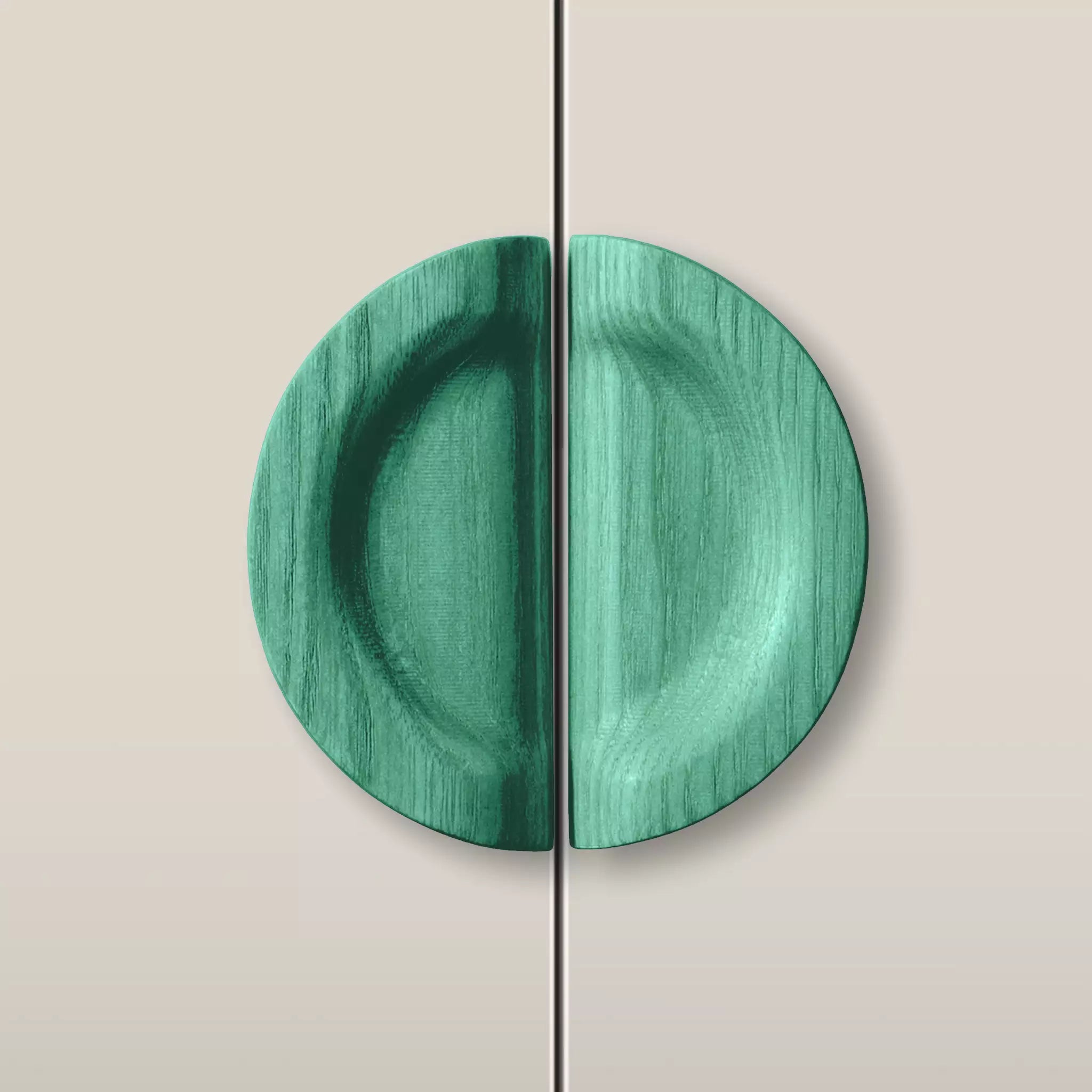 Solid ash dish cabinet pull in the Green finish, fitted across two doors