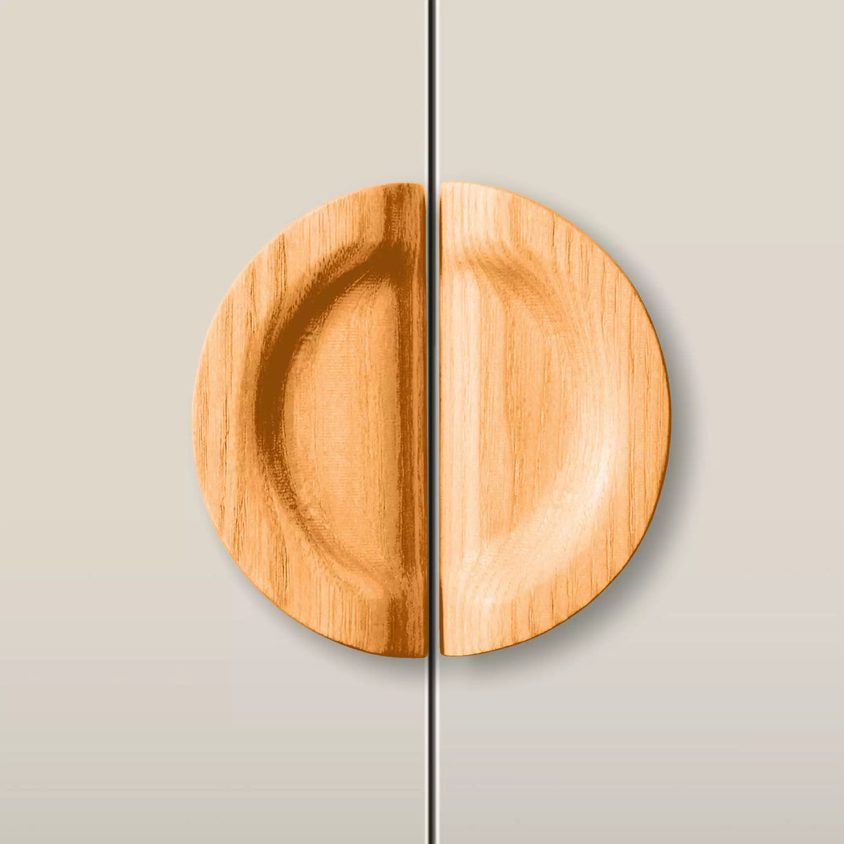 Solid ash dish cabinet pull in the Orange finish, fitted across two doors