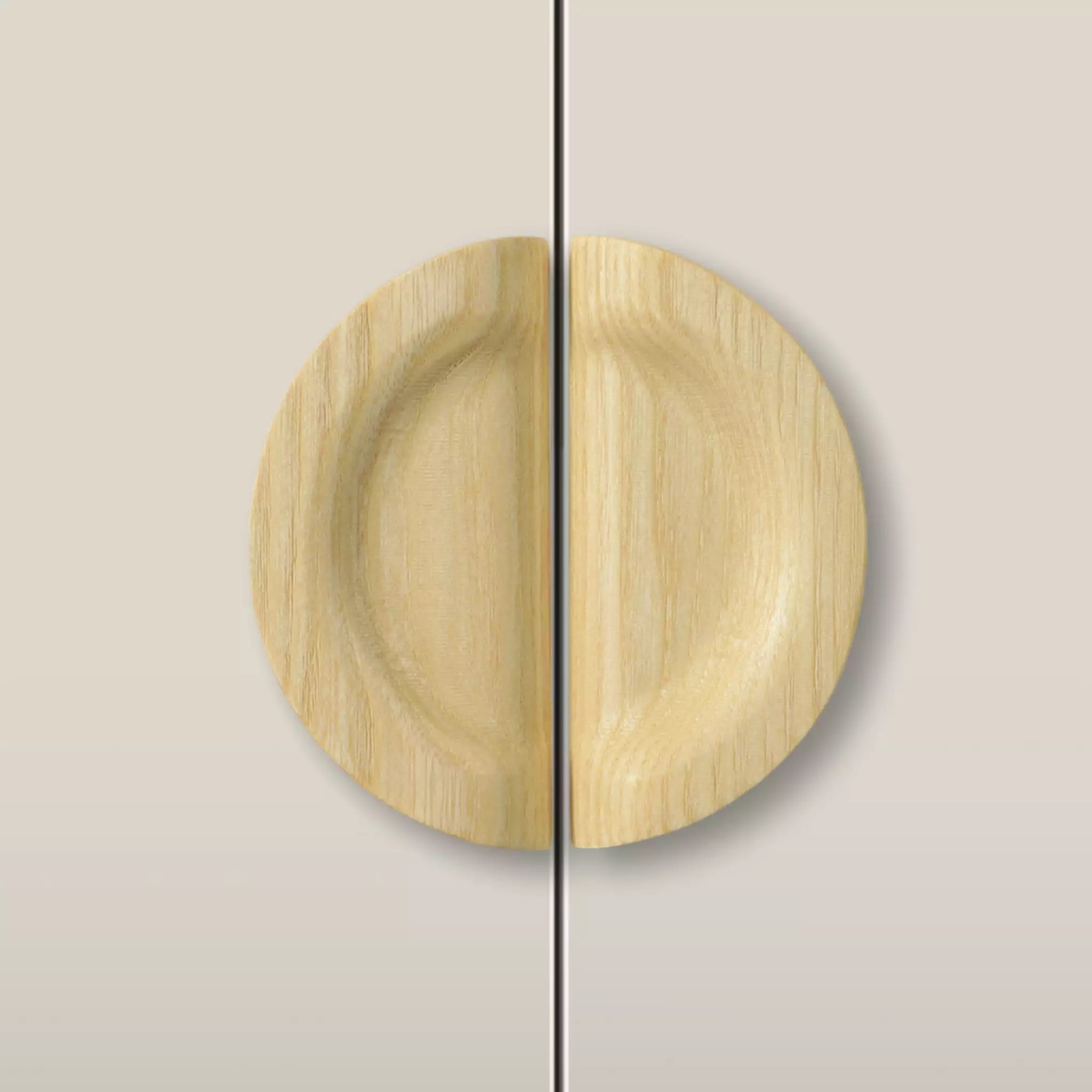 Solid ash dish cabinet pull in the Unfinished finish, fitted across two doors