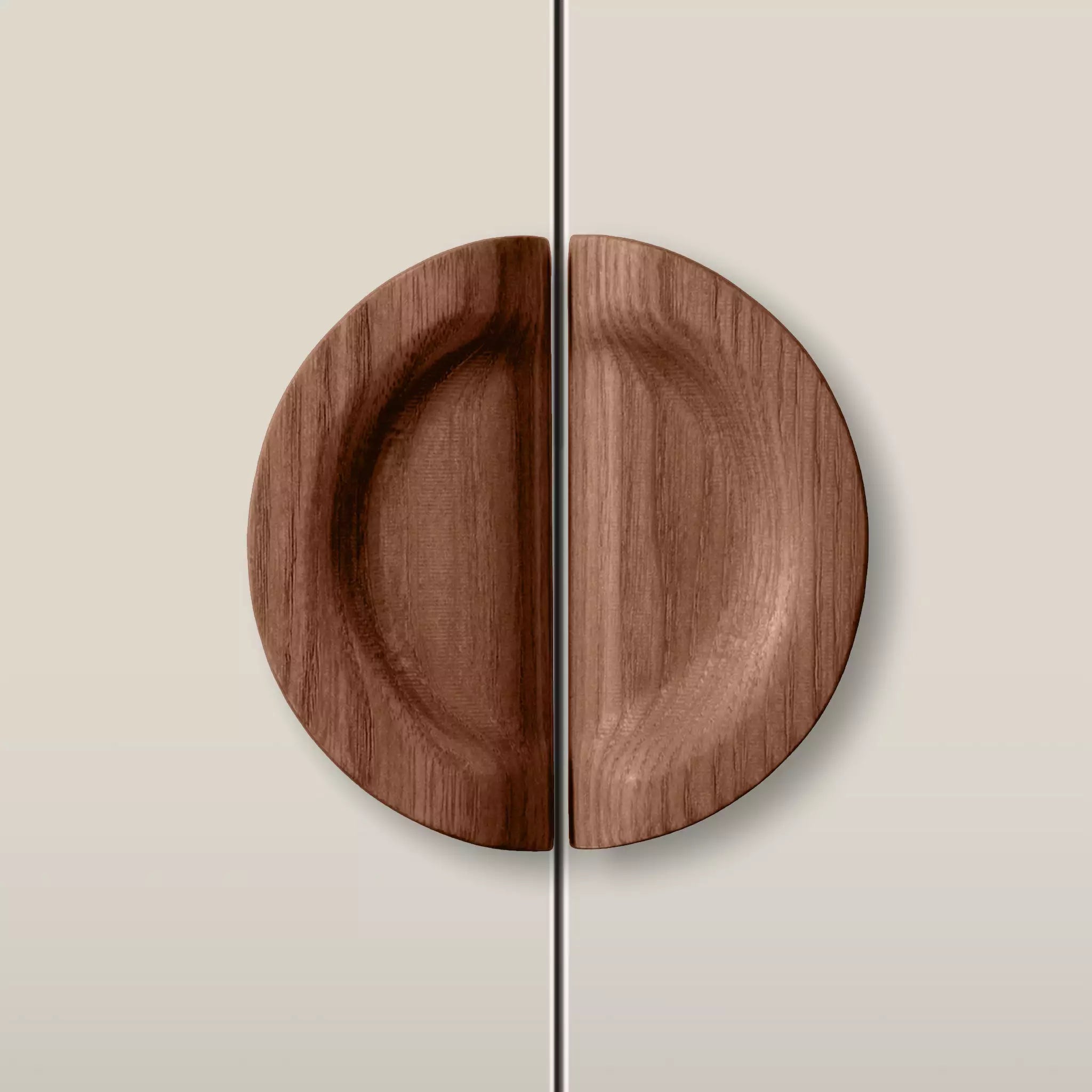 Solid ash dish cabinet pull in the Walnut finish, fitted across two doors